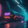 Futuristic Cyber Gaming Dark Foggy Railway Station Industrial Vehicle Train Underground Tunnel Neon Tube Glowing Lights Royalty Free Stock Photo