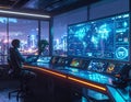Futuristic Cyber Security Command Center With Global Data Monitoring Dashboard And AI Smart City Technology Interface Royalty Free Stock Photo