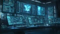 Futuristic cyber security command center displaying data code and network monitoring information Royalty Free Stock Photo