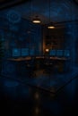 Cyber security office futuristic interior with multiple monitors displaying data and dark lighting conditions for working Royalty Free Stock Photo