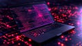Futuristic Cyber Workspace: Coding Programmer on Laptop Surrounded by Glowing Data Streams and Cyberpunk Aesthetic