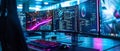 Futuristic cyber workstation with multiple monitors displaying complex algorithms Royalty Free Stock Photo