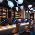A futuristic cybercafe with sleek computers, LED-lit counters, and high-tech gaming stations3