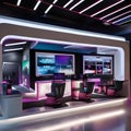 A futuristic cybercafe with sleek computers, LED-lit counters, and high-tech gaming stations1