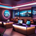 A futuristic cybercafe with sleek computers, LED-lit counters, and high-tech gaming stations5