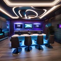 A futuristic cybercafe with sleek computers, LED-lit counters, and high-tech gaming stations2