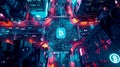 Futuristic Cybercity with Blockchain Network Aerial View Royalty Free Stock Photo