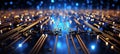 Futuristic cybernetic circuit background with clear empty space and high tech design elements