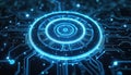 Futuristic cybernetic core with concentric glowing blue circles on circuit board. Digital network interface and technology Royalty Free Stock Photo