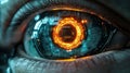 Futuristic cybernetic eye with glowing augmented reality interface and digital display close-up