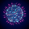 Futuristic cybernetic scheme, vector motherboard blue and magenta illustration with neon lights. Circular gleam element with Royalty Free Stock Photo