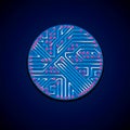 Futuristic cybernetic scheme, vector motherboard blue and magenta illustration with neon lights. Circular gleam element with Royalty Free Stock Photo