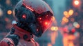 Futuristic Cybernetic Soldier in Rain with Glowing Red Visor. Royalty Free Stock Photo