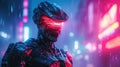 Futuristic Cybernetic Soldier in Rain with Glowing Red Visor.