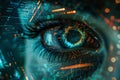 Futuristic cybernetic vision hacker and ai robot eye in advanced tech environment on digital display