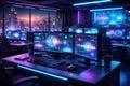 Futuristic Cybernetic Workspace Featuring Multiple High-Resolution Monitors Displaying Royalty Free Stock Photo