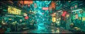 Futuristic cyberpunk alleyway with vibrant neon signage, detailed urban textures, and a moody, atmospheric tone in a high-tech