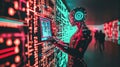 Futuristic Cyberpunk Art of Sleek Robot Hacker Interacting with Glowing Neon Circuitry in a Digital Lab. Concept of
