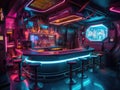 Futuristic cyberpunk bar with holographic bartenders