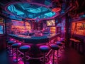 Futuristic cyberpunk bar with holographic bartenders