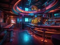 Futuristic cyberpunk bar with holographic bartenders