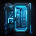 Futuristic cyberpunk cabin with different gadgets inside. Blue neon lights behind metal door, scanner, portail, future