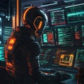 Futuristic Cyberpunk Character Engaged with High-Tech Interface Royalty Free Stock Photo