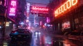 Futuristic cyberpunk city in rain, neon store sign Metaverse in grungy town at night, wet dark deserted street with red and purple