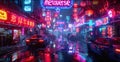 Futuristic cyberpunk city in rain, neon store sign Metaverse in modern town at night, wet dark street with red and blue light.