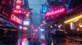 Futuristic cyberpunk city in rain, neon store sign Metaverse in modern town at night, wet dark street with red and blue light.