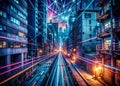 Futuristic Cyberpunk Cityscape Visualizing HighSpeed Data Transfer Through Abstract Urban Exploration and Advanced Royalty Free Stock Photo