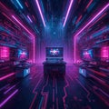 Futuristic cyberpunk computer lab with neon lights and digital data streams Royalty Free Stock Photo