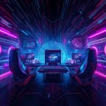 Futuristic cyberpunk computer lab with neon lights and digital data streams Royalty Free Stock Photo