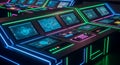 Futuristic Cyberpunk Control Center with Glowing Neon Lights and Multiple Screens Displaying Complex Data and Royalty Free Stock Photo