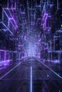 Futuristic Cyberpunk Data Center Corridor with Glowing Purple Neon Lights and Digital Grid Patterns, High Tech Sci-Fi Interior Royalty Free Stock Photo