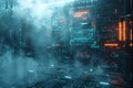 Futuristic Cyberpunk Data Center with Neon Lights and Digital Interface in a Misty Atmosphere