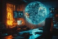 A futuristic cyberpunk data room with walls covered in glowing digital code and a large screen displaying a stylized globe Royalty Free Stock Photo