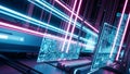 Futuristic Cyberpunk Digital Interface with Circuit Boards and Data Streams in Neon Blue and Pink Light Royalty Free Stock Photo