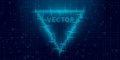 Futuristic cyberpunk glitch triangle. Blue glowing digital 8 bit triangle. Background design for promo electronic music