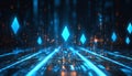 Futuristic Cyberpunk Gridscape with Glowing Diamonds and Digital Network Data Stream for Technology Royalty Free Stock Photo