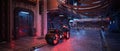 Futuristic cyberpunk motorcycle in a dark dystopian city street. 3D rendering with shallow depth of field