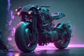 Futuristic cyberpunk motorcycle with metallic frame and neon lighting accents