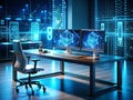 Futuristic cyberpunk office with dual monitors and neon lights Royalty Free Stock Photo