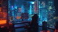 Futuristic cyberpunk office with multiple coding screens Royalty Free Stock Photo