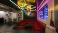 Futuristic cyberpunk studio flat in a high rise apartment building. 3D illustration