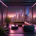 A futuristic cyberpunk-themed rooftop escape with high-tech gadgets and a skyline view3 Royalty Free Stock Photo