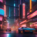 A futuristic cyberpunk-themed street scene with neon signs, holographic billboards, and flying cars1