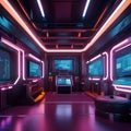 A futuristic cyberpunk-themed underground hideout with glowing screens and industrial pipes2