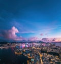 Futuristic cyberpunk view of the famous metropolis, night aerial view of Kowloong Hong Kong