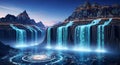 Futuristic Cyberpunk Waterfall with Binary Code Streams and Digital Network Overlays Royalty Free Stock Photo